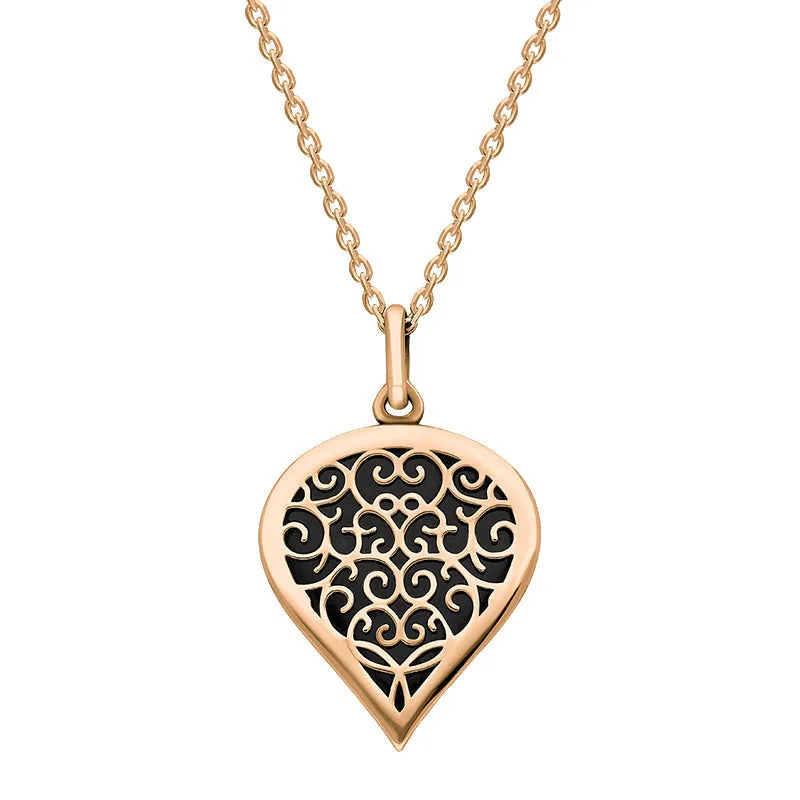 9ct Rose Gold Whitby Jet Flore Filigree Medium Heart Necklace sold by Jura Watches