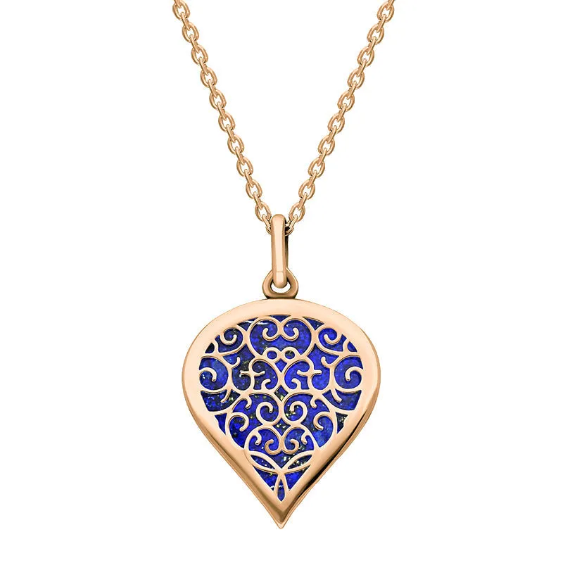 9ct Rose Gold Lapis Lazuli Flore Filigree Medium Heart Necklace sold by Jura Watches