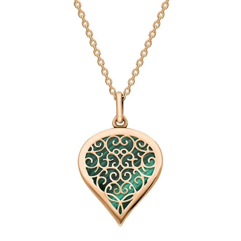 9ct Rose Gold Malachite Flore Filigree Medium Heart Necklace sold by Jura Watches