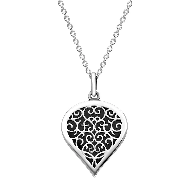18ct White Gold Whitby Jet Flore Filigree Medium Heart Necklace sold by Jura Watches