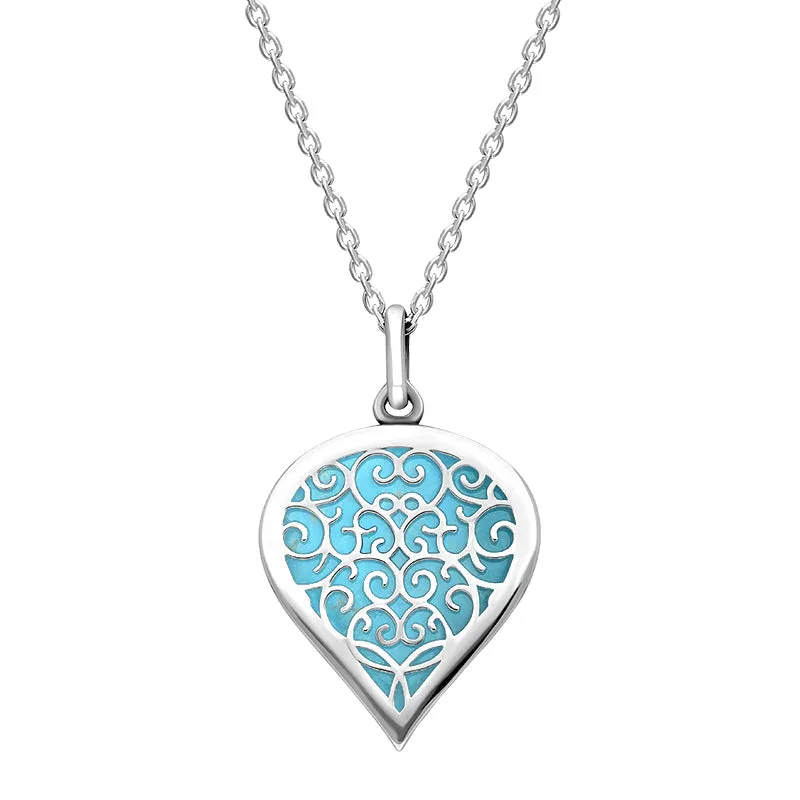 18ct White Gold Turquoise Flore Filigree Medium Heart Necklace sold by Jura Watches