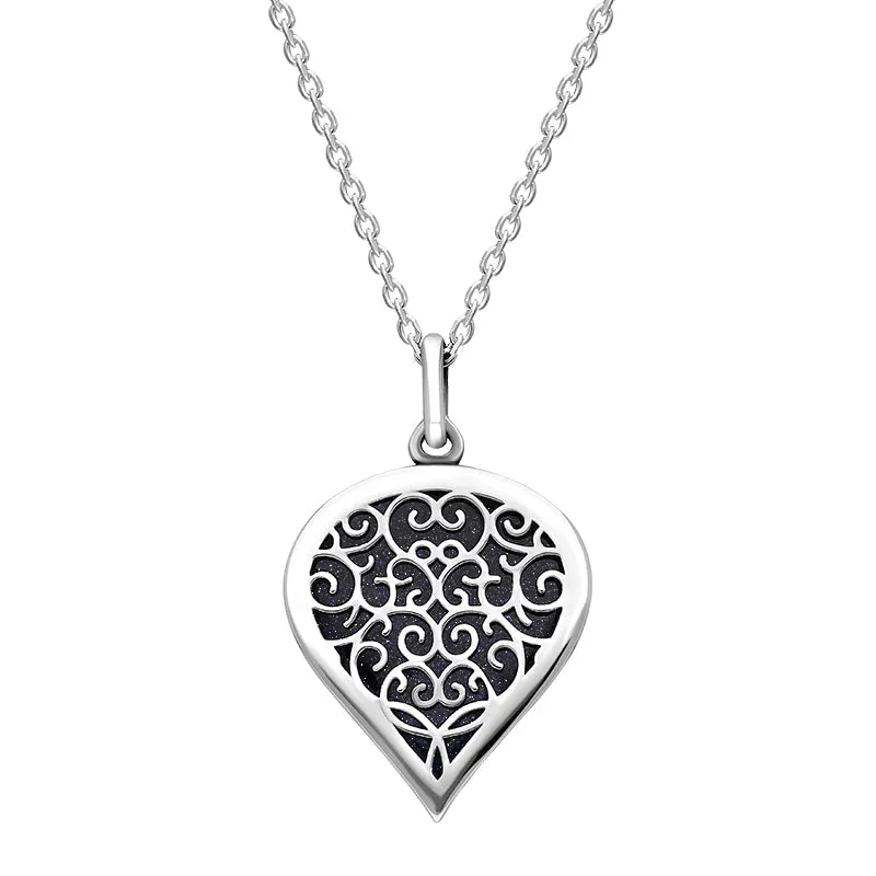18ct White Gold Blue Goldstone Flore Filigree Medium Heart Necklace sold by Jura Watches