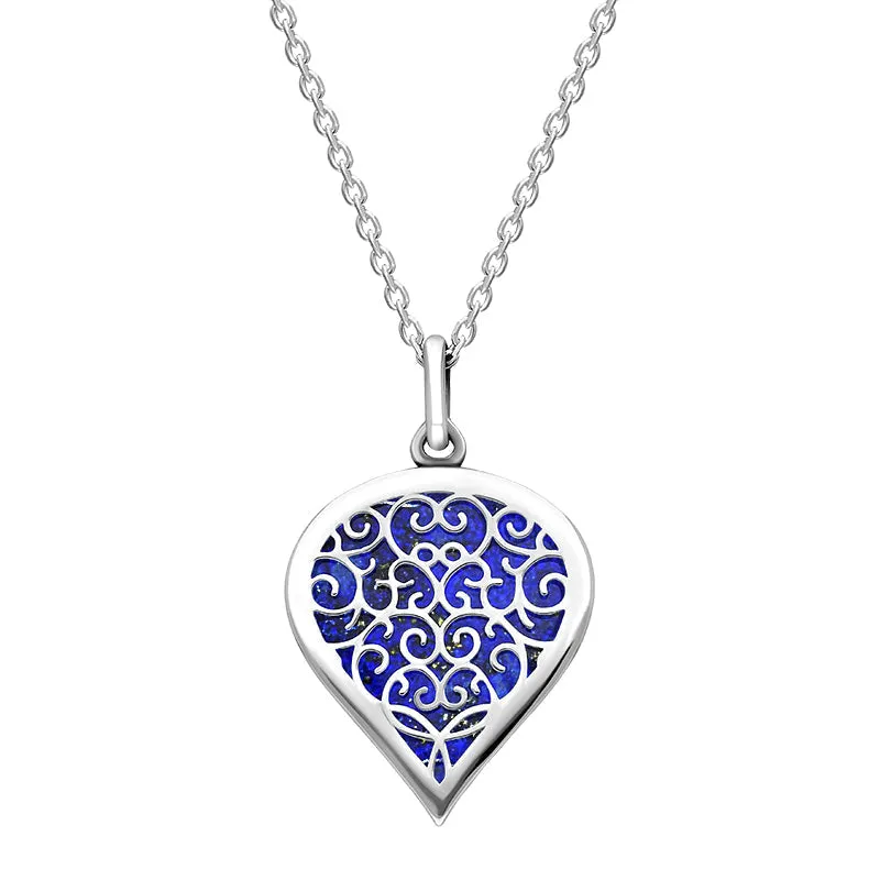 18ct White Gold Lapis Lazuli Flore Filigree Medium Heart Necklace sold by Jura Watches