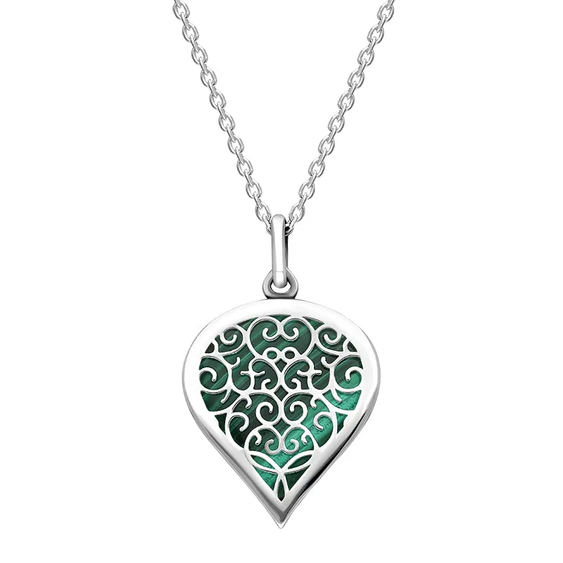 18ct White Gold Malachite Flore Filigree Medium Heart Necklace sold by Jura Watches