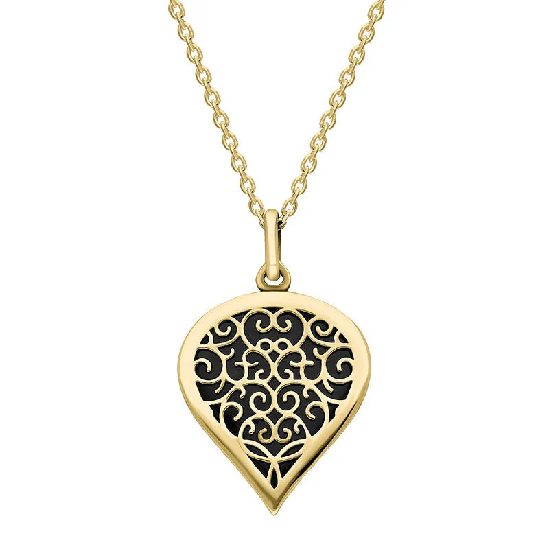 18ct Yellow Gold Whitby Jet Flore Filigree Medium Heart Necklace sold by Jura Watches