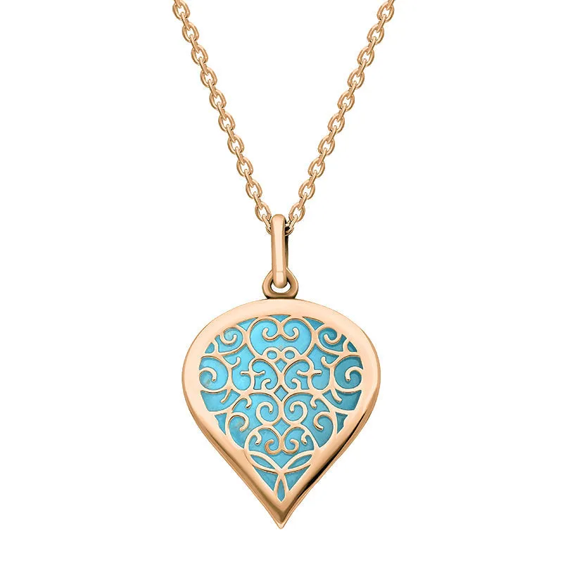 18ct Rose Gold Turquoise Flore Filigree Medium Heart Necklace sold by Jura Watches