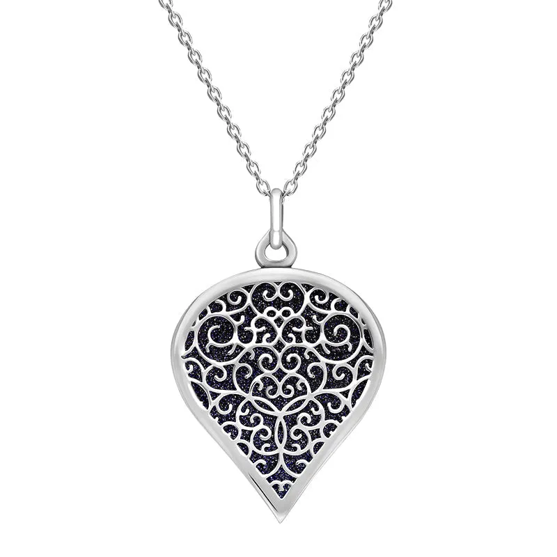 Sterling Silver Blue Goldstone Flore Filigree Large Heart Necklace sold by Jura Watches