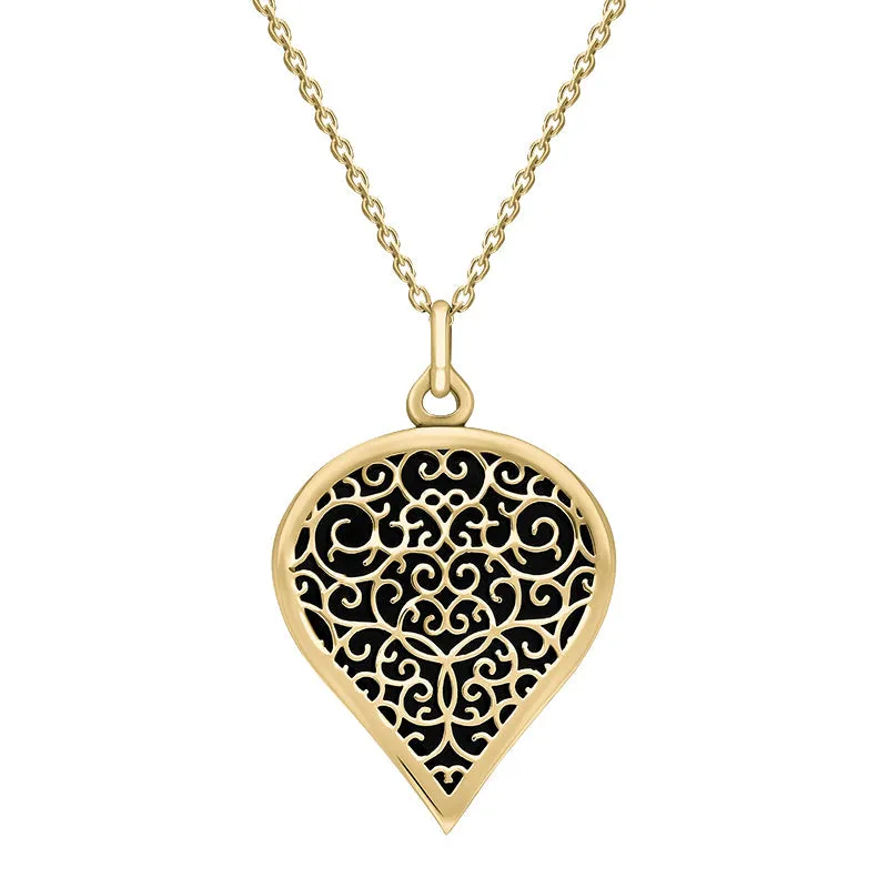 9ct Yellow Gold Whitby Jet Flore Filigree Large Heart Necklace sold by Jura Watches