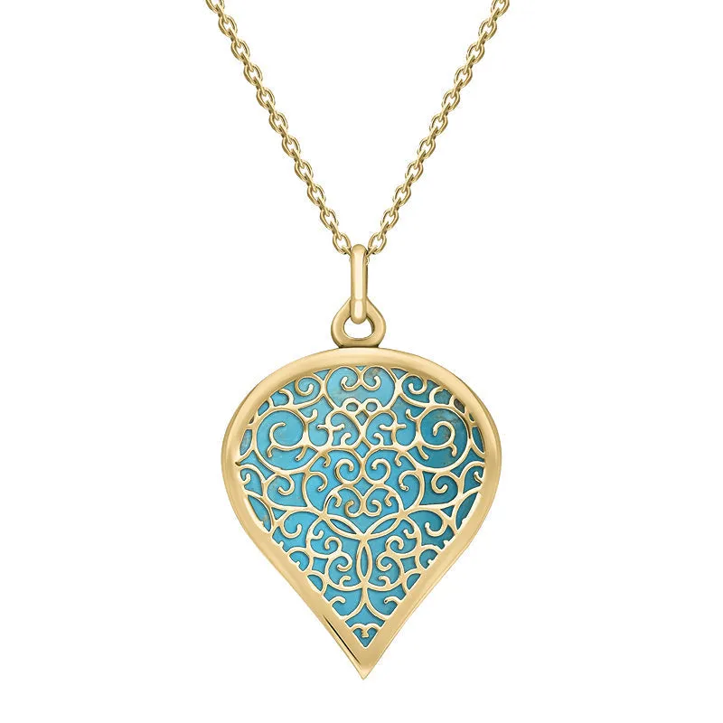 9ct Yellow Gold Turquoise Flore Filigree Large Heart Necklace sold by Jura Watches