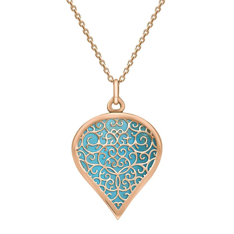 9ct Rose Gold Turquoise Flore Filigree Large Heart Necklace sold by Jura Watches