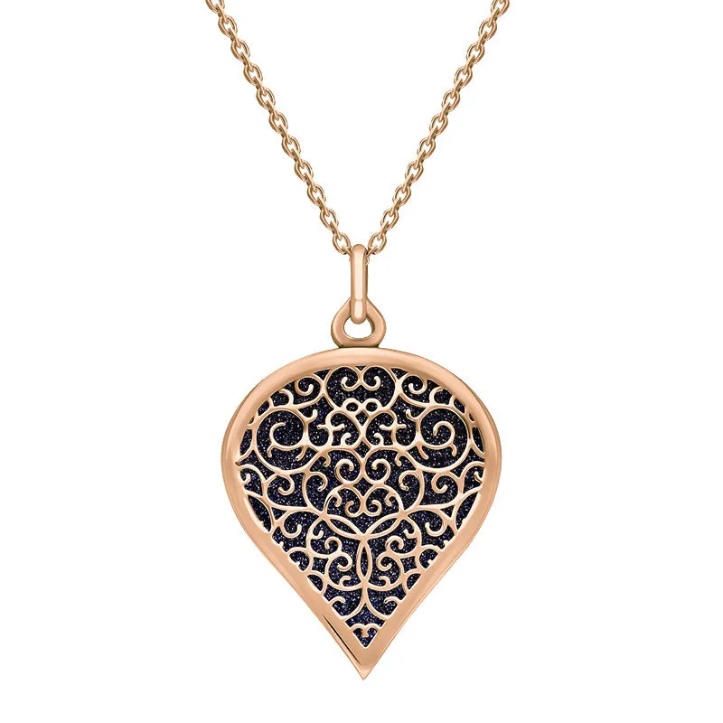 9ct Rose Gold Blue Goldstone Flore Filigree Large Heart Necklace sold by Jura Watches