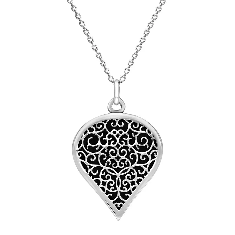 18ct White Gold Whitby Jet Flore Filigree Large Heart Necklace sold by Jura Watches