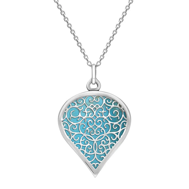 18ct White Gold Turquoise Flore Filigree Large Heart Necklace sold by Jura Watches