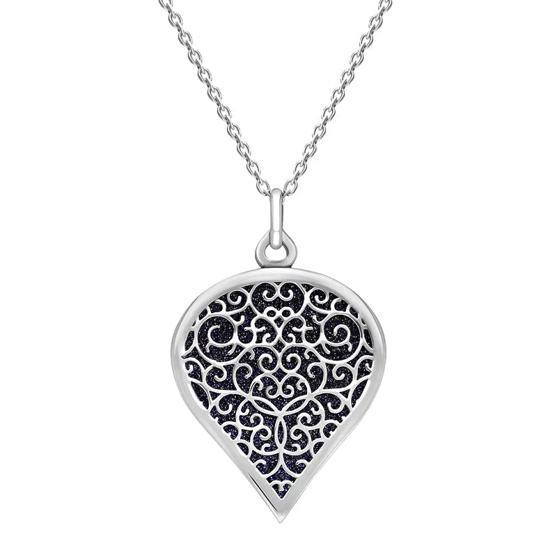 18ct White Gold Blue Goldstone Flore Filigree Large Heart Necklace sold by Jura Watches