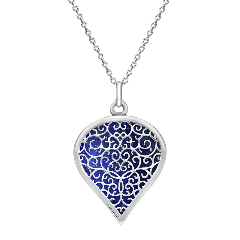18ct White Gold Lapis Lazuli Flore Filigree Large Heart Necklace sold by Jura Watches
