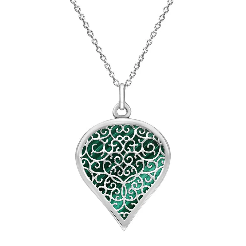 18ct White Gold Malachite Flore Filigree Large Heart Necklace sold by Jura Watches