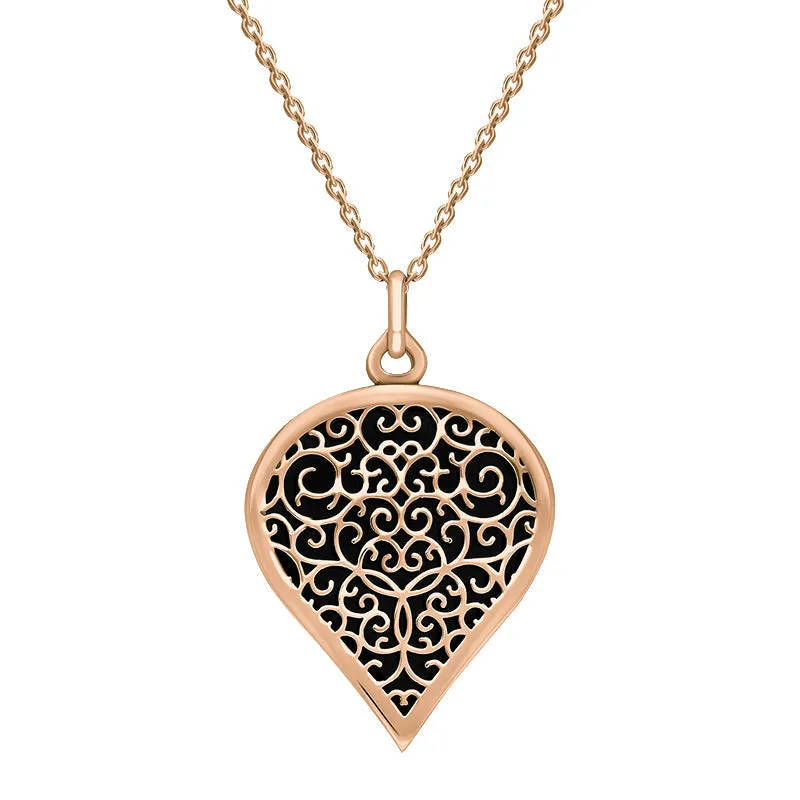 18ct Rose Gold Whitby Jet Flore Filigree Large Heart Necklace sold by Jura Watches