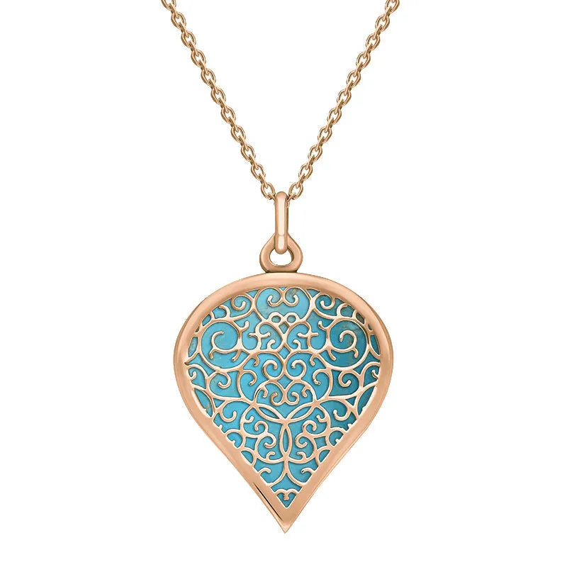 18ct Rose Gold Turquoise Flore Filigree Large Heart Necklace sold by Jura Watches