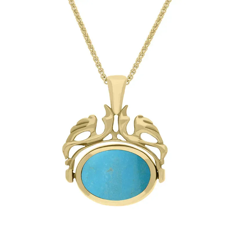 9ct Yellow Gold Whitby Jet Turquoise Double Sided Oval Swivel Fob Necklace sold by Jura Watches