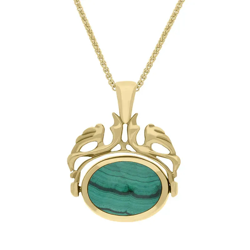 9ct Yellow Gold Whitby Jet Malachite Double Sided Oval Swivel Fob Necklace sold by Jura Watches