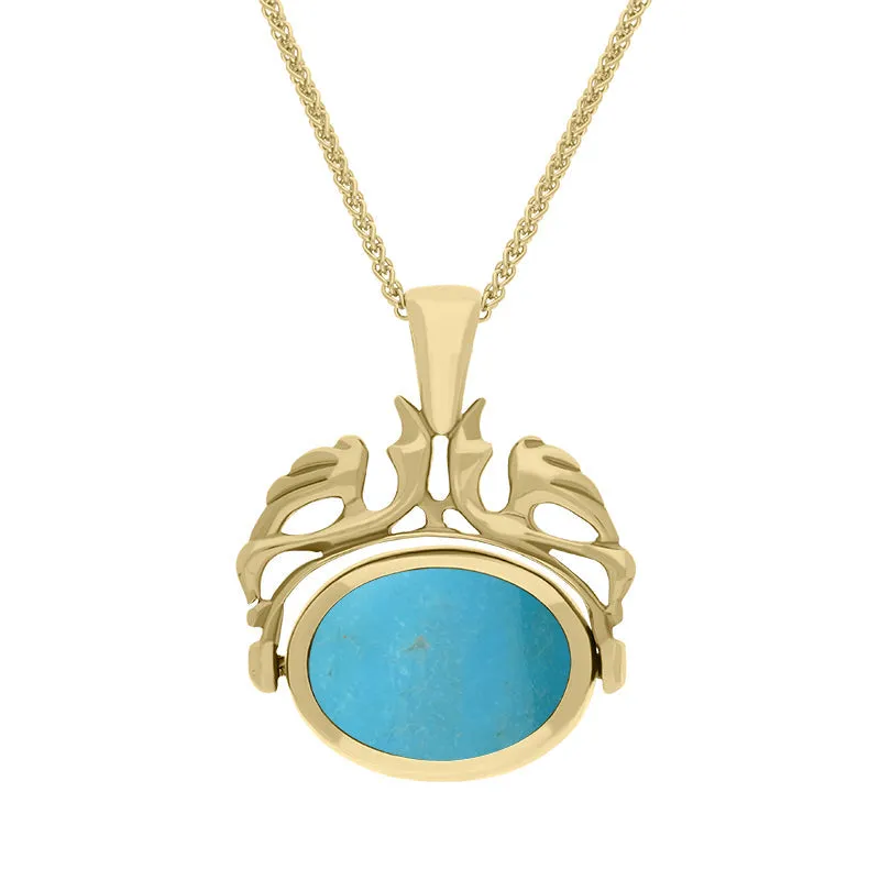 18ct Yellow Gold Whitby Jet Turquoise Double Sided Oval Swivel Fob Necklace sold by Jura Watches