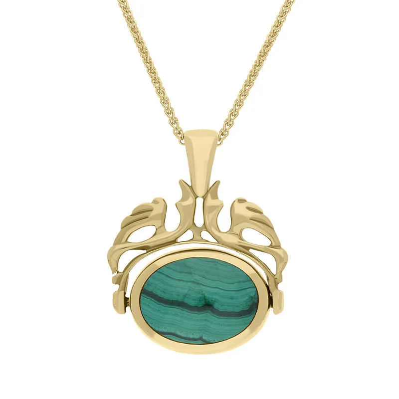 18ct Yellow Gold Whitby Jet Malachite Double Sided Oval Swivel Fob Necklace sold by Jura Watches