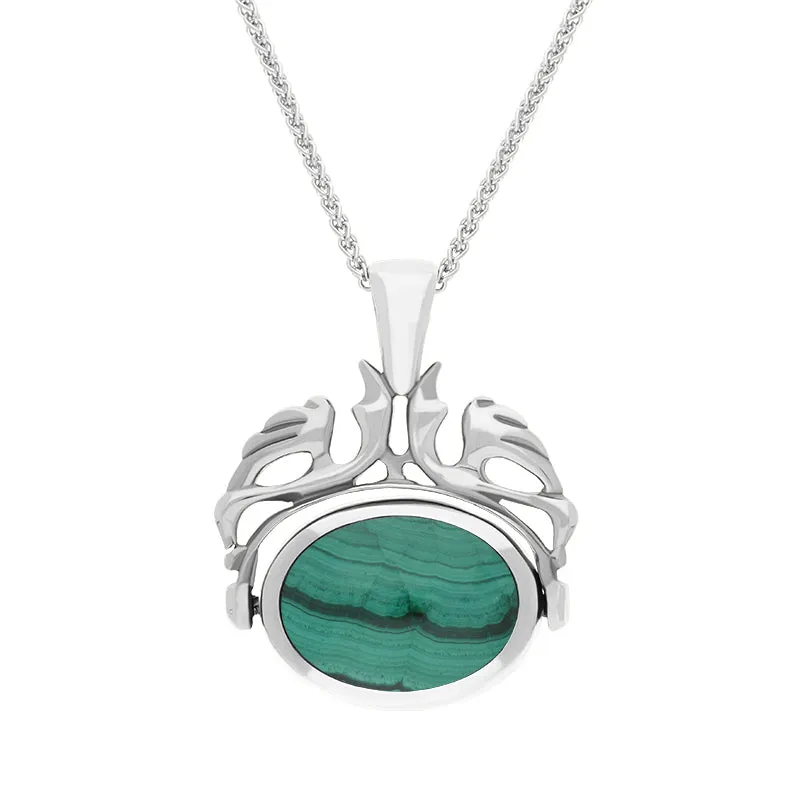 9ct White Gold Whitby Jet Malachite Double Sided Oval Swivel Fob Necklace sold by Jura Watches