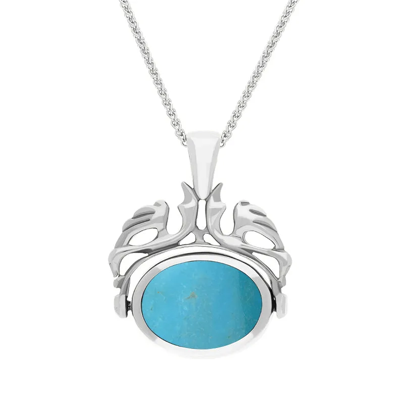 18ct White Gold Whitby Jet Turquoise Double Sided Oval Swivel Fob Necklace sold by Jura Watches