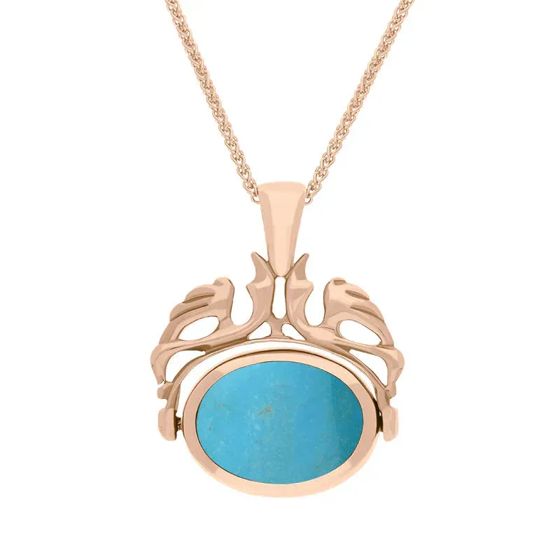 9ct Rose Gold Whitby Jet Turquoise Double Sided Oval Swivel Fob Necklace sold by Jura Watches