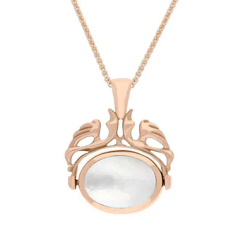9ct Rose Gold Whitby Jet Mother Of Pearl Double Sided Oval Swivel Fob Necklace sold by Jura Watches