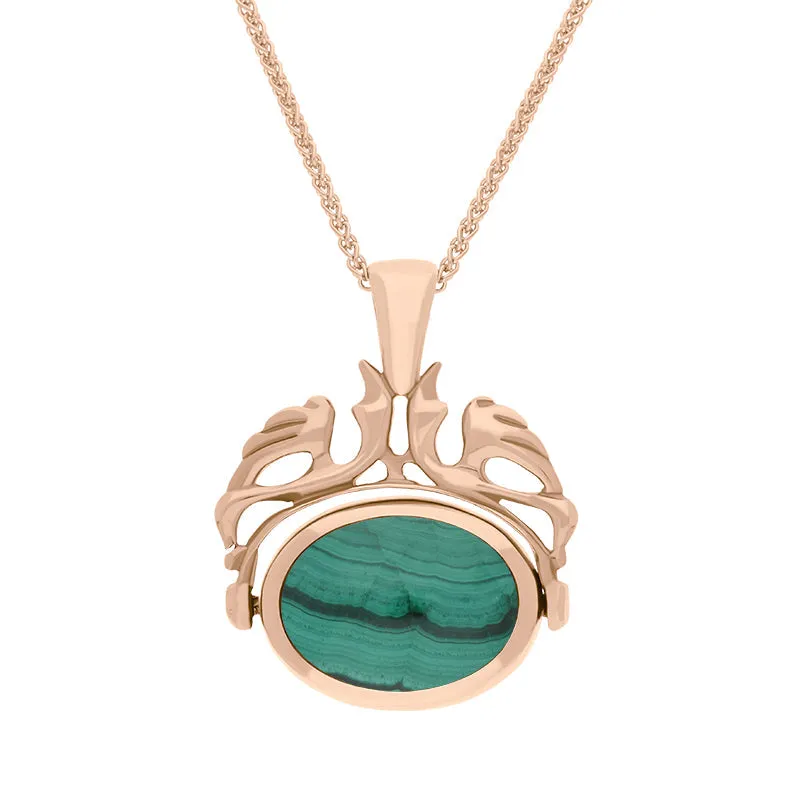 9ct Rose Gold Whitby Jet Malachite Double Sided Oval Swivel Fob Necklace sold by Jura Watches