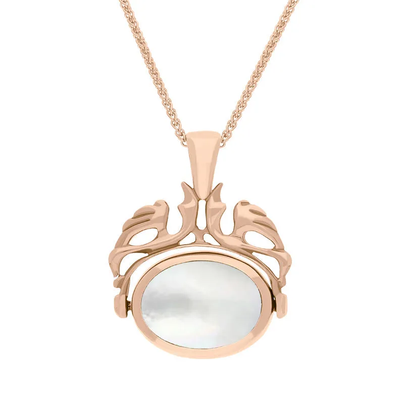 18ct Rose Gold Whitby Jet Mother Of Pearl Double Sided Oval Swivel Fob Necklace sold by Jura Watches
