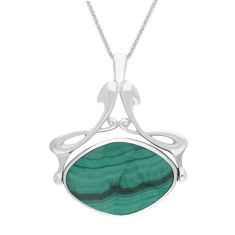9ct White Gold Whitby Jet Malachite Bell Diamond Swivel Fob Necklace sold by Jura Watches