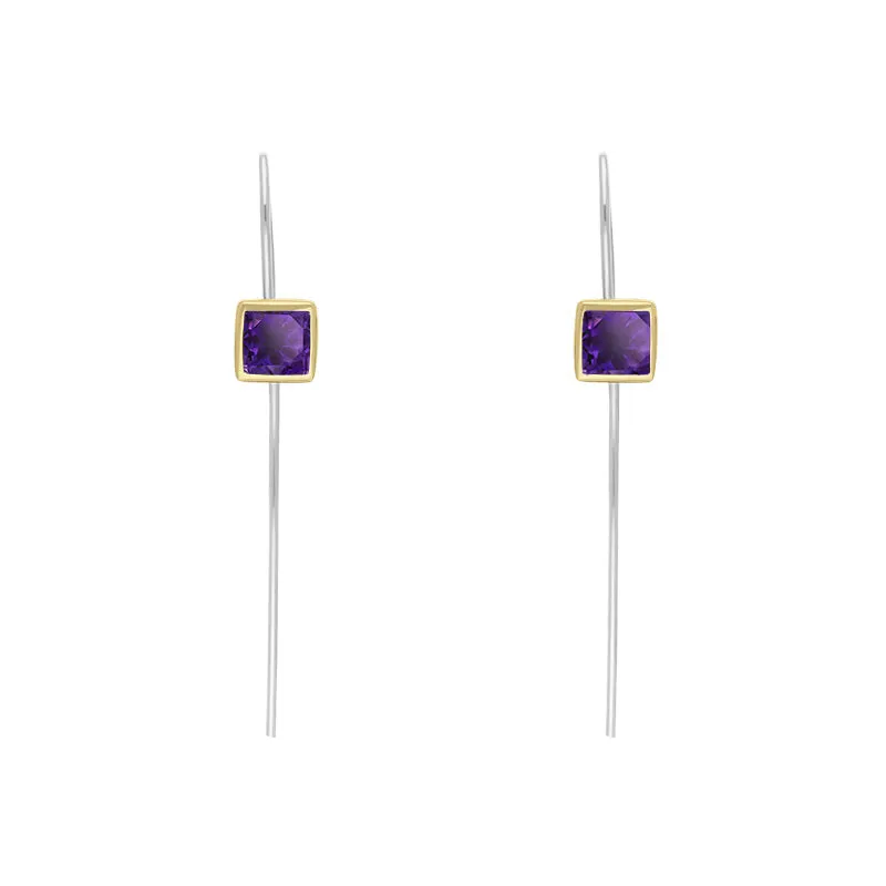 9ct Yellow Gold Sterling Silver Amethyst Stepping Stones 5mm Square Hook Earrings sold by Jura Watches