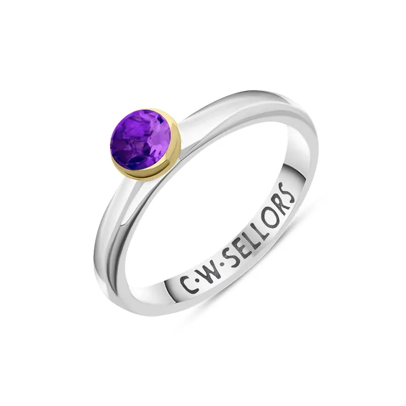 9ct Yellow Gold Sterling Silver Amethyst Stepping Stones 5mm Round Bezel Set Ring sold by Jura Watches