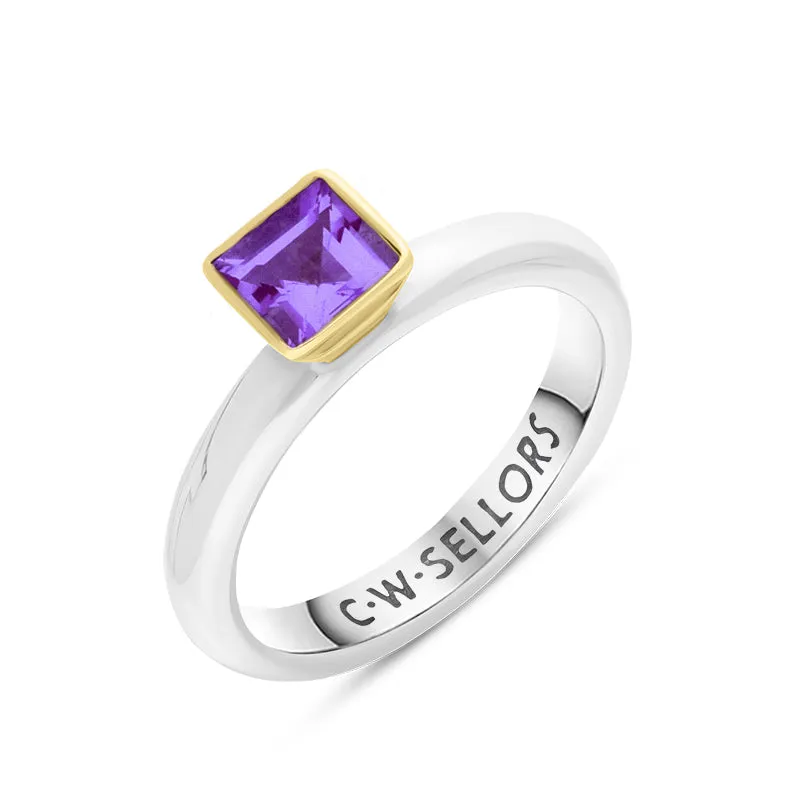 9ct Yellow Gold Sterling Silver Amethyst Stepping Stones 5mm Square Bezel Set Ring sold by Jura Watches