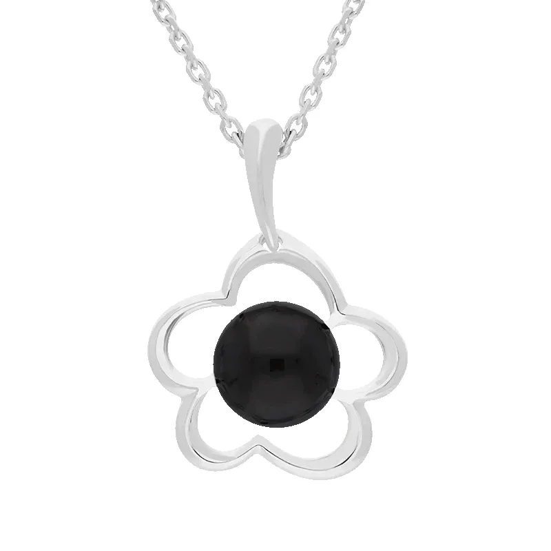 Sterling Silver Whitby Jet Flower Necklace sold by Jura Watches