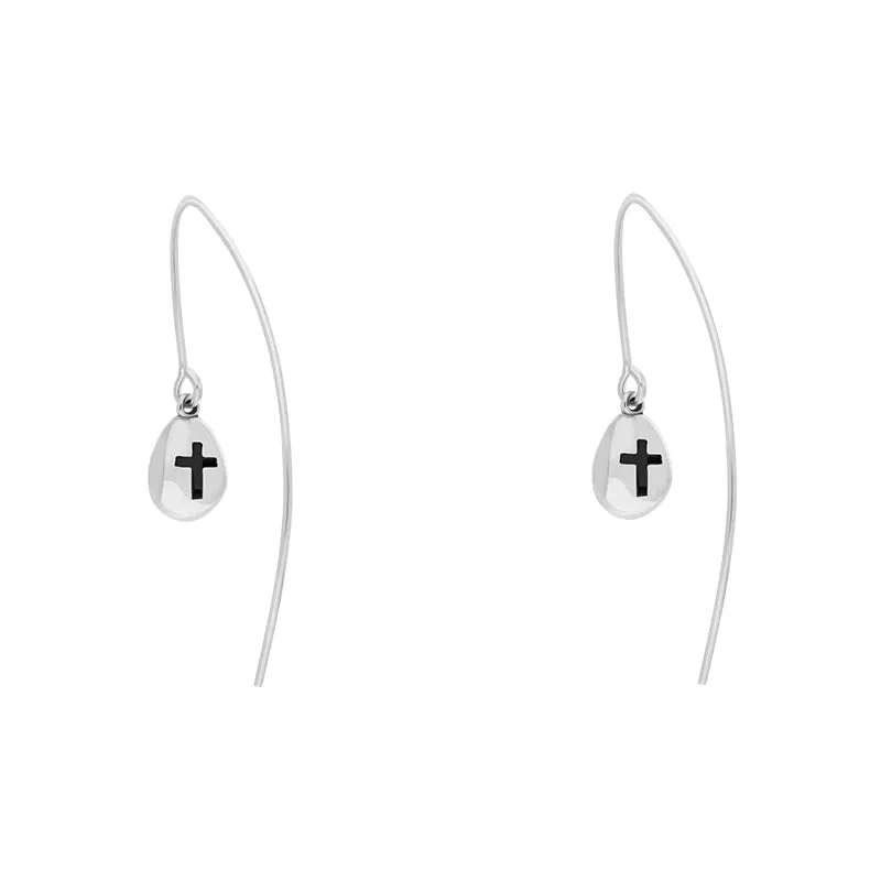9ct White Gold Whitby Jet Cross Disc Drop Earrings sold by Jura Watches