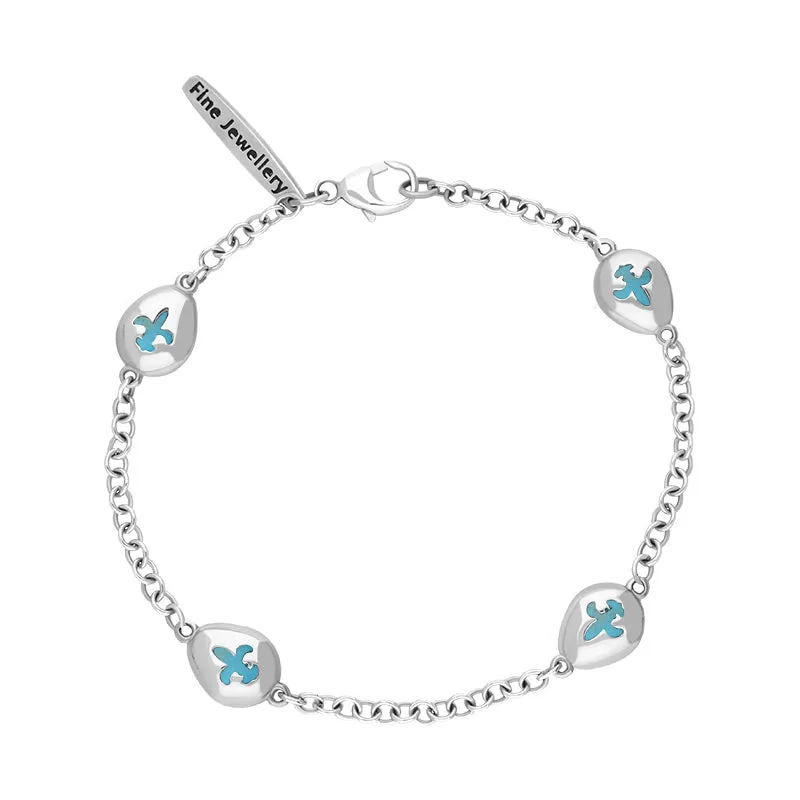 9ct White Gold Turquoise Oval Fleur De Lis Detail Four Stone Bracelet sold by Jura Watches