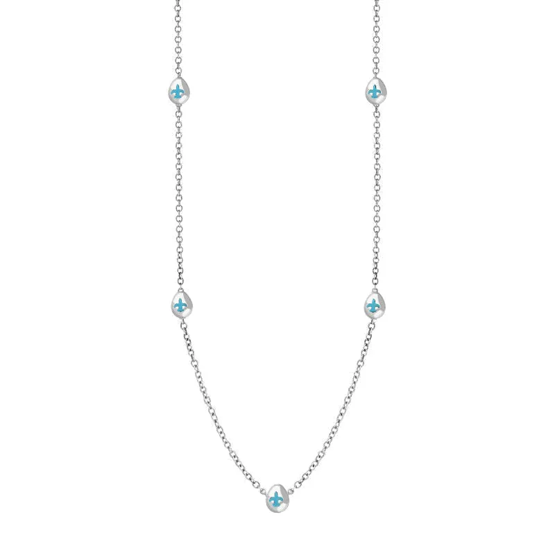 9ct White Gold Turquoise Fleur De Lis Link Disc Chain Necklace sold by Jura Watches