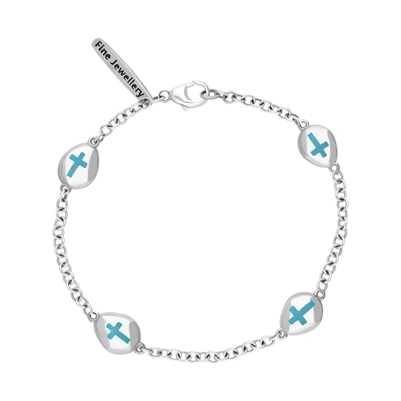 18ct White Gold Turquoise Oval Cross Detail Four Stone Bracelet sold by Jura Watches