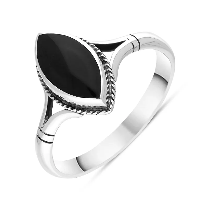 Sterling Silver Whitby Jet Marquise Shaped Rope Detail Ring sold by Jura Watches