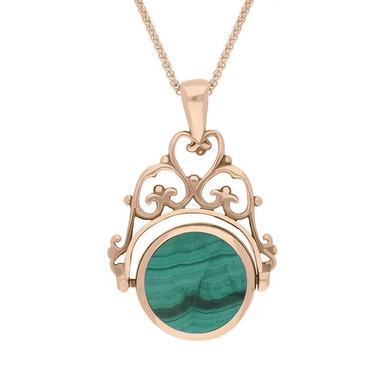18ct Rose Gold Whitby Jet Malachite Double Sided Round Swivel Fob Necklace sold by Jura Watches