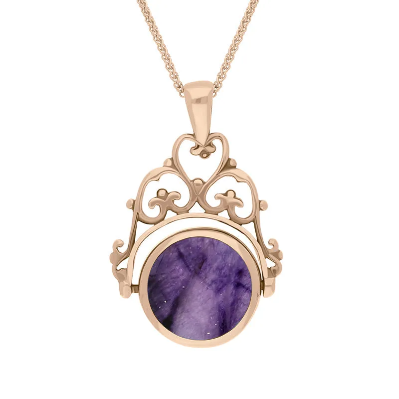 9ct Rose Gold Blue John Whitby Jet Double Sided Round Swivel Fob Necklace sold by Jura Watches