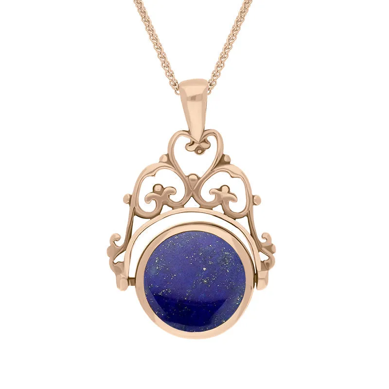 9ct Rose Gold Whitby Jet Lapis Lazuli Double Sided Round Swivel Fob Necklace sold by Jura Watches