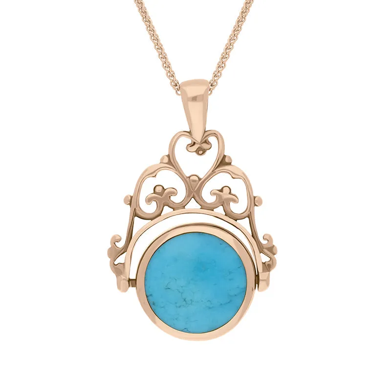 9ct Rose Gold Whitby Jet Turquoise Double Sided Round Swivel Fob Necklace sold by Jura Watches