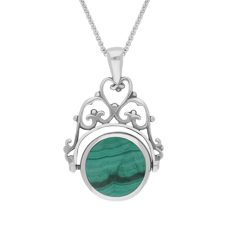 9ct White Gold Whitby Jet Malachite Double Sided Round Swivel Fob Necklace sold by Jura Watches