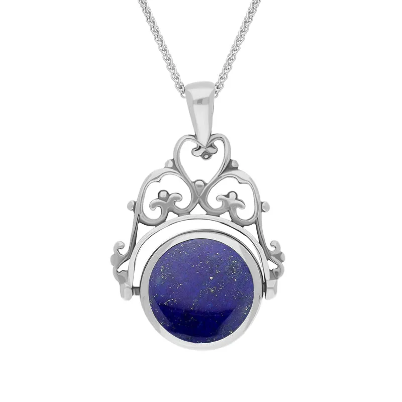 9ct White Gold Whitby Jet Lapis Lazuli Double Sided Round Swivel Fob Necklace sold by Jura Watches