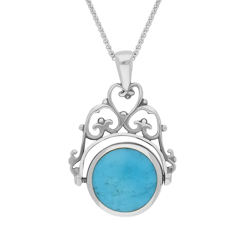 9ct White Gold Whitby Jet Turquoise Double Sided Round Swivel Fob Necklace sold by Jura Watches