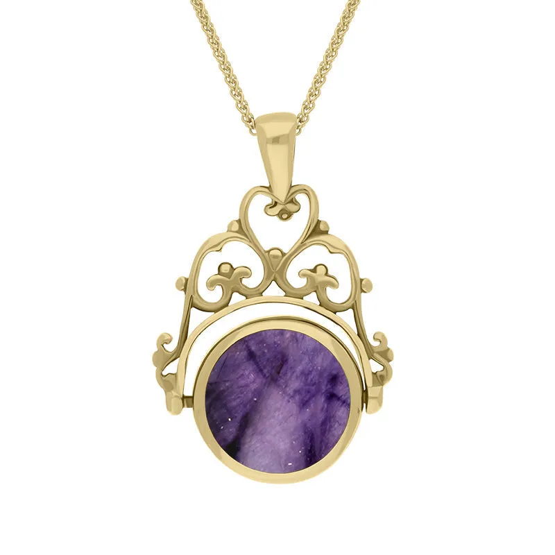 18ct Yellow Gold Blue John Whitby Jet Double Sided Round Swivel Fob Necklace sold by Jura Watches